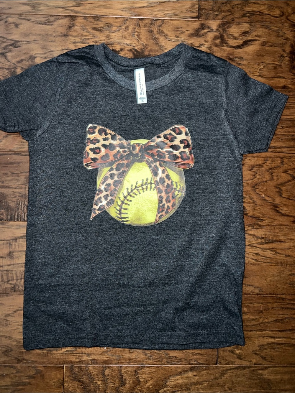 Bella Canvas Charcoal Tee with Yellow Softball and Leopard Bow
